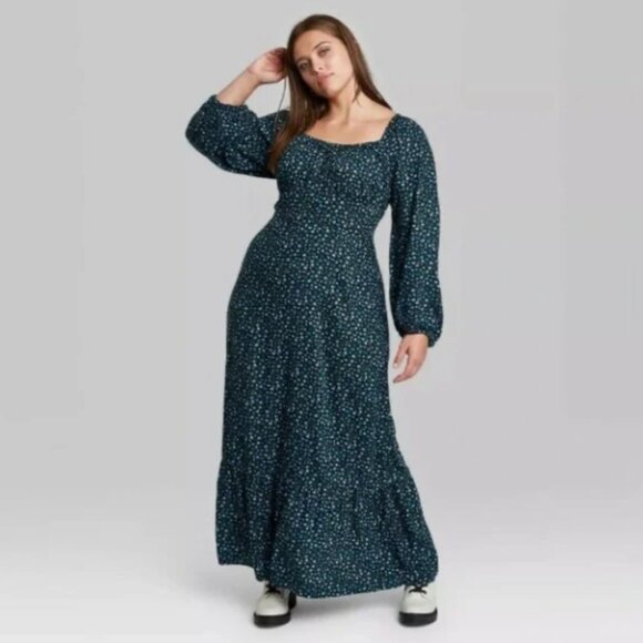 Wild Fable Black with Blue Flowers Bohemian Peasant Smocked Max Dress XXL NWT - Picture 1 of 5